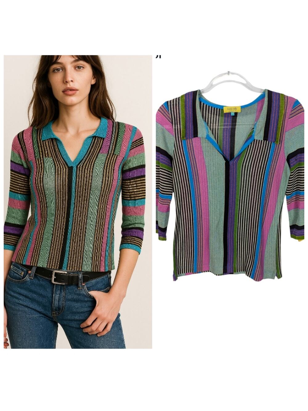 VTG Y2K Striped Metallic Knit Collar Sheer Sweater Retro Festival Top SZ 38 SEE